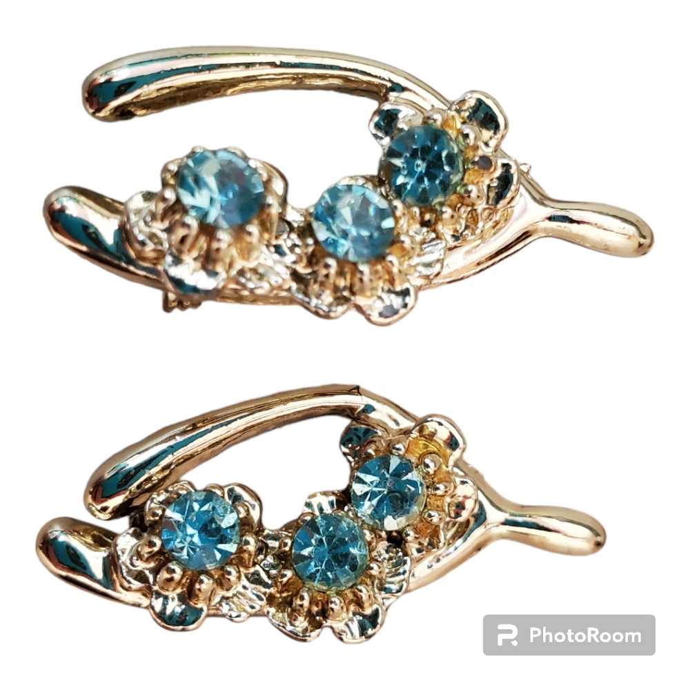 Vintage Faux Gold Tone Statement Wishbone Pins Jewelry Blue Rhinestones Brooch